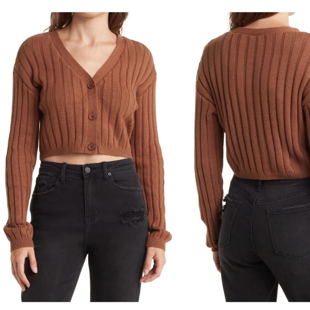 Abound Brown Ribbed Cropped Sweater